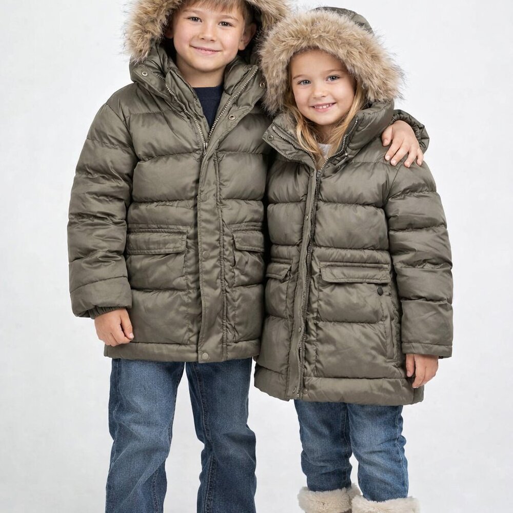 GAP Kids Junior XXL Olive Green Puffer Coat Faux Fur Hood Winter Jacket unisex